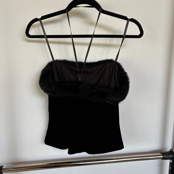 Tadashi Vintage Black Velvet Strapless Top Faux Fur Trim Winter Formal Size 4 - Picture 4 of 11